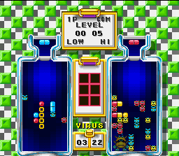 Tetris & Dr. Mario (SNES) screenshot: The Yellow Virus (MEDIUM Level) has faster moves than Blue Virus: beware!