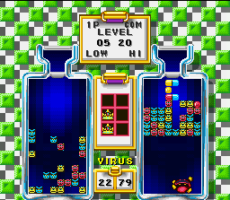 Tetris & Dr. Mario (SNES) screenshot: In a bad moment, Red Virus' capsule stack surpasses the bottle top, allowing Player 1 victory again.