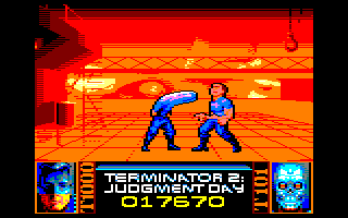 Terminator 2: Judgment Day (Amstrad CPC) screenshot: Level 7 - Fight with T1000 in the steel mill