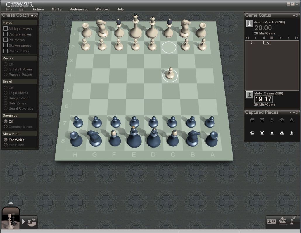 Chessmaster: Grandmaster Edition (Windows) screenshot: In the Play section there's an option to play in simulated tournaments at various skill levels. The board, pieces and background can be changed at any time
