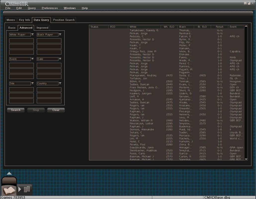 Chessmaster: Grandmaster Edition (Windows) screenshot: One of the options in the Learning section is the games database. This screen shows its comprehensive data query function