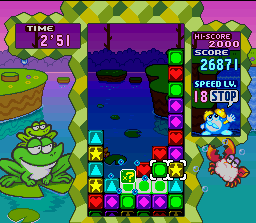 Tetris Attack (SNES) screenshot: x? is the ultimate chain in the game: it appears when the player does more than a x13 chain.