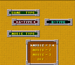 Tetris & Dr. Mario (SNES) screenshot: Choosing 1PLAYER GAME, you'll enter in this screen and can select the game mode and a music to hear.