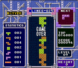 Tetris & Dr. Mario (SNES) screenshot: If the block stack cross the maximum limit, it's game over for you...