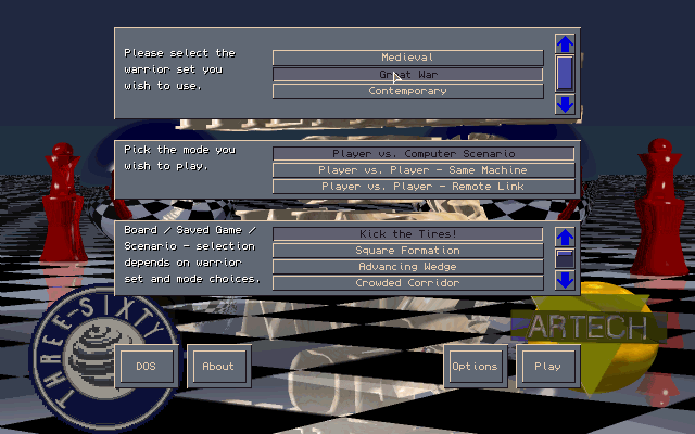 Theatre of War (DOS) screenshot: Setup screen; difficulty settings corresponding to the Great War board