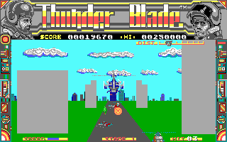ThunderBlade (DOS) screenshot: One of the 3D portions of the game (EGA/Tandy)