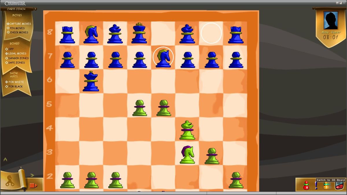 Chessmaster: Grandmaster Edition (Windows) screenshot: In the Fun section there's an option to play using 3D animated pieces. The 2D toggle in the lower right switches to this set of pieces. The player can zoom in/out at will