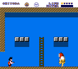 Tokoro-san no Mamoru mo Semeru mo (NES) screenshot: Hi! I'm Tokoro, and you are... the level boss?