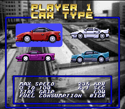 Top Gear (SNES) screenshot: There are 4 cars available, each one with different attributes.