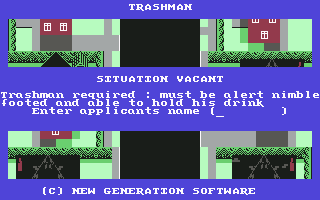 Trashman (Commodore 64) screenshot: The rather unpleasent job profile.