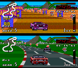 Top Gear (SNES) screenshot: Competing in Rio De Janeiro, Brazil (notice some plates in the track mentioning about the carnival).