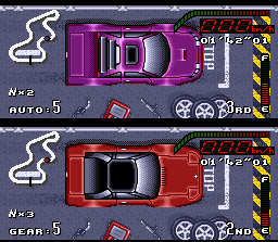 Top Gear (SNES) screenshot: If the fuel is low, do a pit stop and minimize the problem!