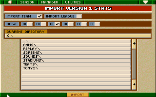 Tony La Russa Baseball II (DOS) screenshot: You can import data from first game.