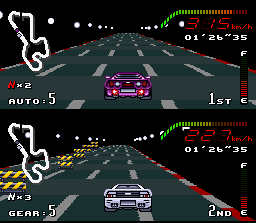 Top Gear (SNES) screenshot: Driving in Monaco (still in France), you'll find a "dark" and long tunnel: it's the coolest point of the track! ;-D