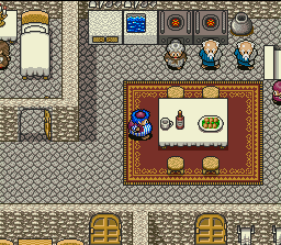 Torneko no Daibōken: Fushigi no Dungeon (SNES) screenshot: The master enjoys his breakfast