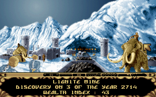 Arctic Baron (DOS) screenshot: Visits to certain towns give you coordinates to unknown mines. For maximum output, make sure you have lots of slaves, mammoths and cranes.
