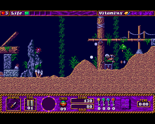 Traps 'n' Treasures (Amiga) screenshot: Treasure chests contain gold which you can spend in the shop.