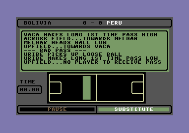 Tracksuit Manager (Commodore 64) screenshot: Watching the beginning of a game between Peru and Bolivia.