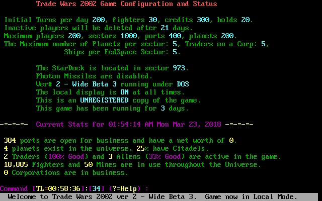 Trade Wars 2002 (DOS) screenshot: Vital statistics of the current install's configuration