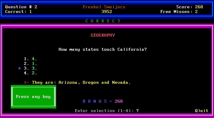 Trivia Whiz (DOS) screenshot: 3 States touch California.