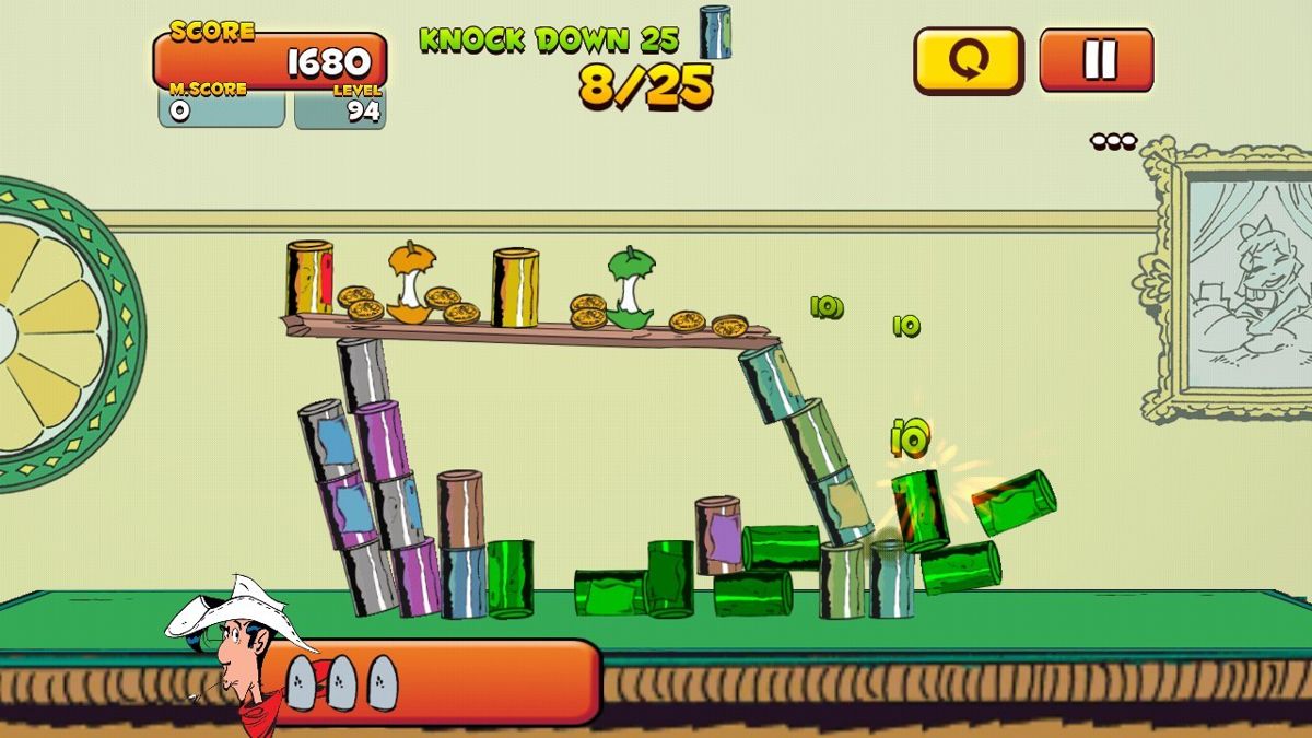 Lucky Luke: Shoot & Hit (Android) screenshot: Knocking down cans. Who left these apples?