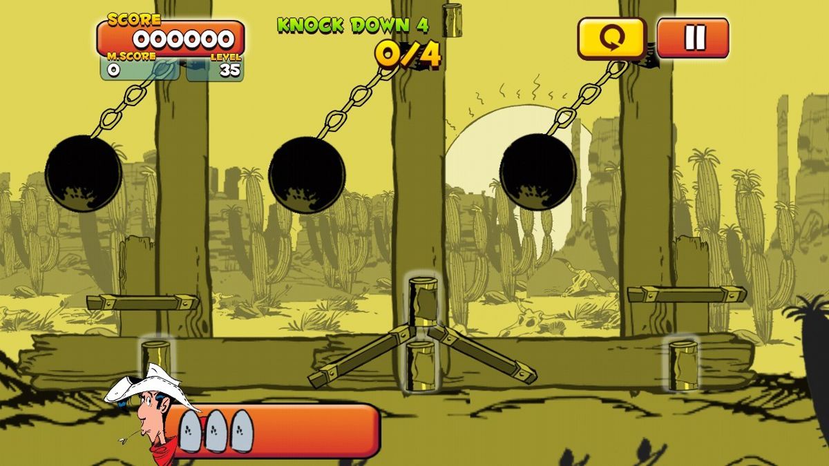 Lucky Luke: Shoot & Hit (Android) screenshot: Three pendulums made of cannonballs