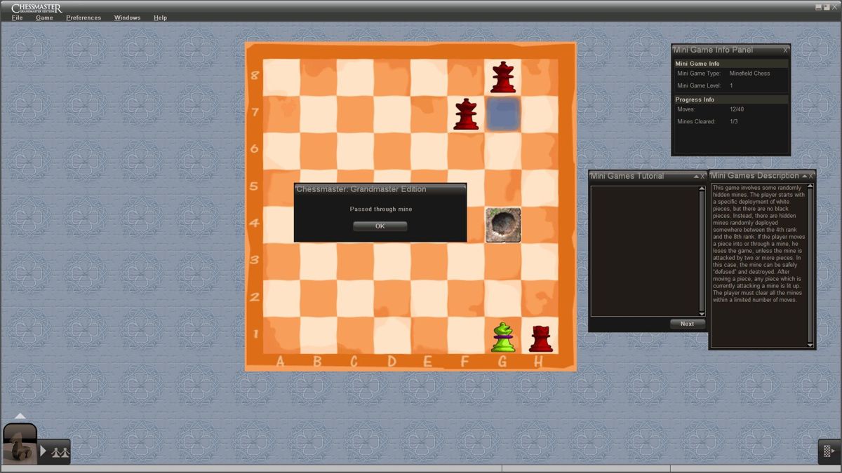 Chessmaster: Grandmaster Edition (Windows) screenshot: One of the mini games in the Fun section is Minefield Chess. Pieces change colour when attacking a mine. The game's mini windows can be moved around and more can be opened