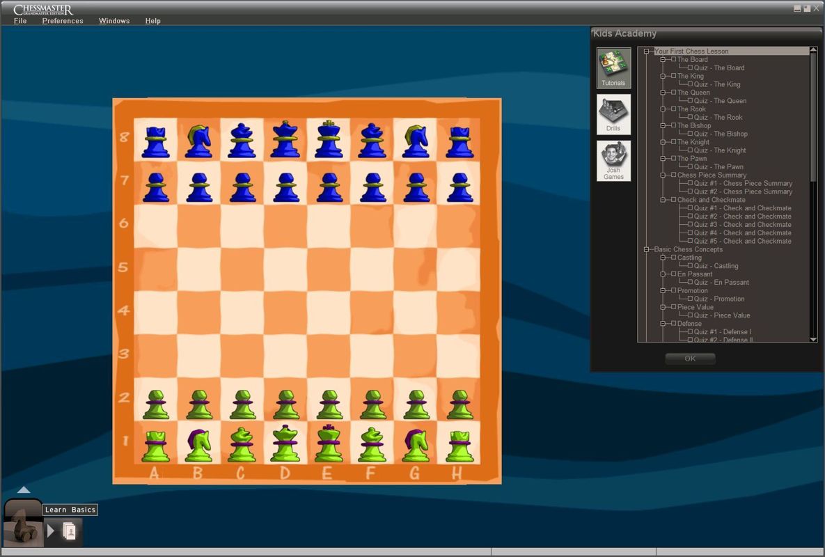 Chessmaster: Grandmaster Edition (Windows) screenshot: One of the options in the Fun section is 'The Kids Academy' which uses a colourful board and set of pieces and talks the user through the basics