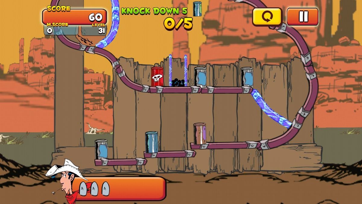 Lucky Luke: Shoot & Hit (Android) screenshot: Crystal barriers should be hit to make a path for rolling item at the top