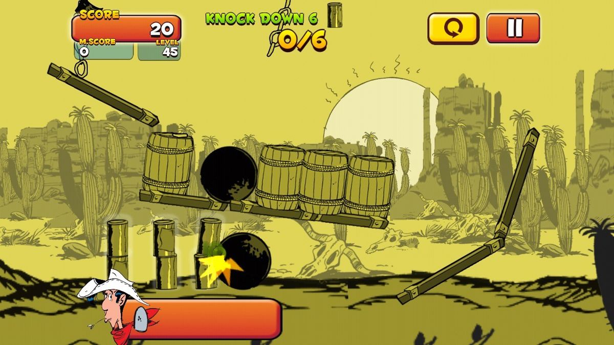 Lucky Luke: Shoot & Hit (Android) screenshot: Rolling cannonballs may hit cans quite hard