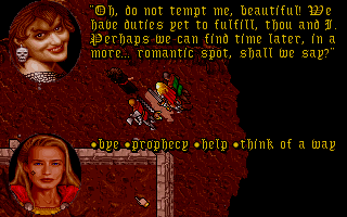 Ultima VII: Part Two - The Silver Seed (DOS) screenshot: Oh yeah baby! This particular Dark Monk has some interesting answers for female Avatars.