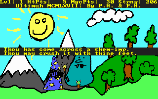 Ultimuh MCMLXVII: Part 2 of the 39th Trilogy - The Quest for the Golden Amulet (DOS) screenshot: Not only variable enemy types, but variable attack types? (The next shem-imp is visible beneath the blob of doom.)