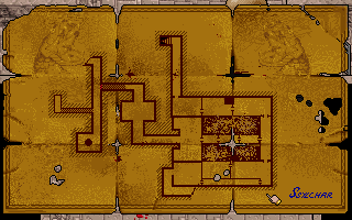 Ultima VII: Part Two - The Silver Seed (DOS) screenshot: An ancient map shows some hidden parts of the outpost dungeon.