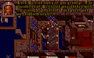 Ultima VII: Forge of Virtue (DOS) screenshot: Lord British has some clues as to the nature of the tremors that greet you once you install Forge of Virtue