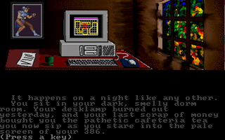 Untima IX: Descension (DOS) screenshot: Introduction: the Avatar starts at home on earth.