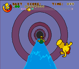 Virtual Bart (SNES) screenshot: Taking a ride down Mount Splashmore, Bart must avoid other sliders