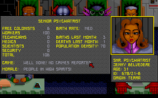 Utopia: The Creation of a Nation (DOS) screenshot: There's even a psychiatrist to advise you on your people's mental health.