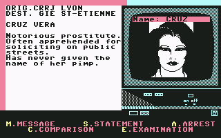 Vera Cruz (Commodore 64) screenshot: Lyon police's file on Vera Cruz...