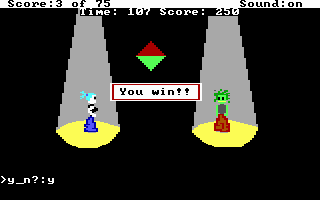 Voodoo Girl: Queen of the Darned (DOS) screenshot: How hard can it be to win a dance contest against a zombie? Note the DDR-style directional indicators.
