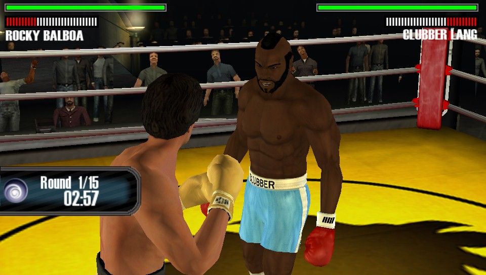 Rocky Balboa (PSP) screenshot: Clubber: "I'm Going To Bust Your *ss!!" Rocky: "Go For It!"