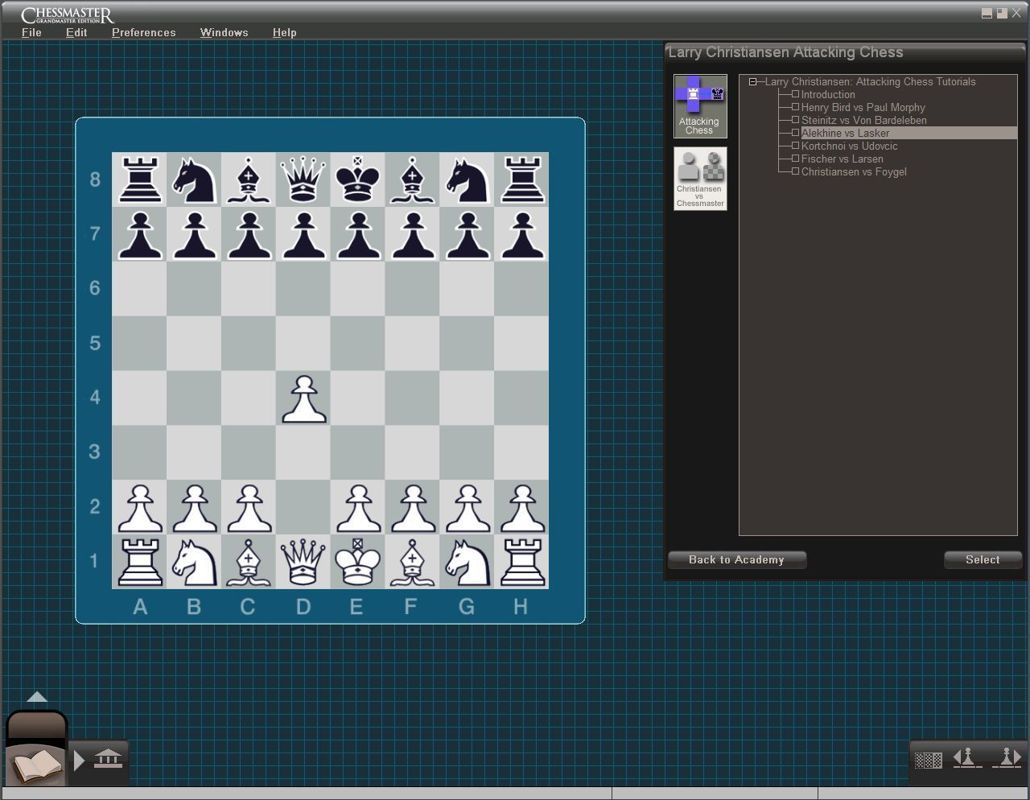 Chessmaster: Grandmaster Edition (Windows) screenshot: This is the Chessmaster Academy has three training sections. This is the Larry Christiansen section which focuses on 'Attacking Chess' play