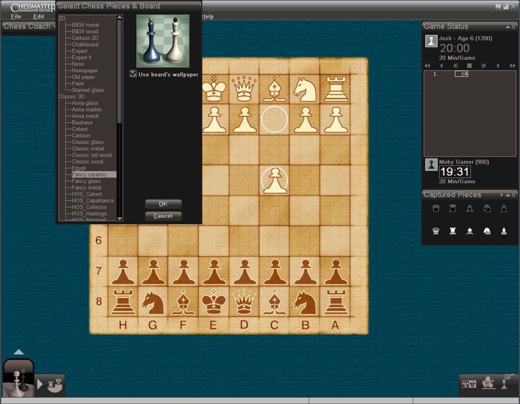 Chessmaster: Grandmaster Edition (Windows) screenshot: This shows the player as they are about to change the style chess pieces. This is just one of many features accessed via a drop down menu