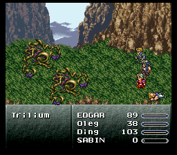 Final Fantasy III (SNES) screenshot: A regular battle with a nice background