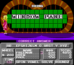 Wheel of Fortune (NES) screenshot: Vanna applauds your efforts