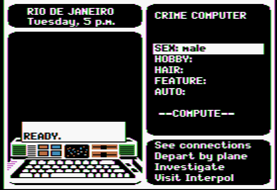 Where in the World Is Carmen Sandiego? (Apple II) screenshot: Use the crime computer to keep track of clues and identify suspects