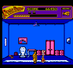Who Framed Roger Rabbit (NES) screenshot: The room is inhabited by a pair of walking shoes