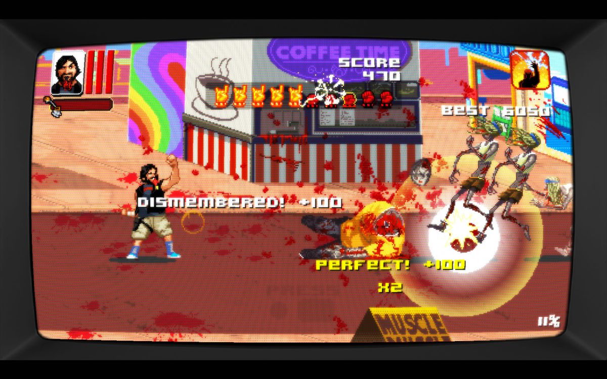 Dead Island: Retro Revenge (Windows) screenshot: A big hit knocks the enemy's head up, sending it away as a projectile.