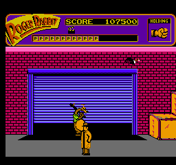 Who Framed Roger Rabbit (NES) screenshot: Judge Doom's warehouse is locked up tight. You'll need your other objectives complete and a "special item" to get in here