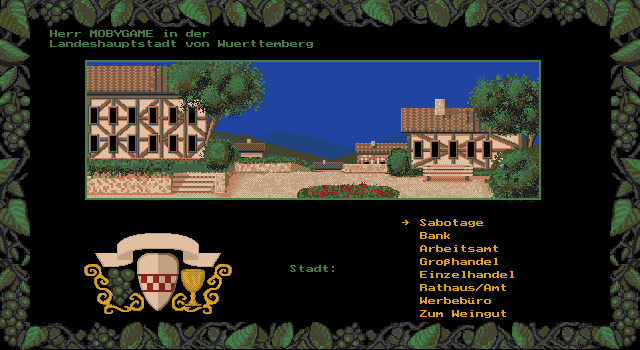 Winzer (DOS) screenshot: Different businesses can be visited in different areas of town (VGA)
