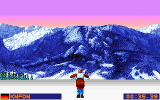 Winter Olympics: Lillehammer '94 (DOS) screenshot: A strange glitch at one point of the race allows you to pass in a gap between the trees and avoid the track altogether.
